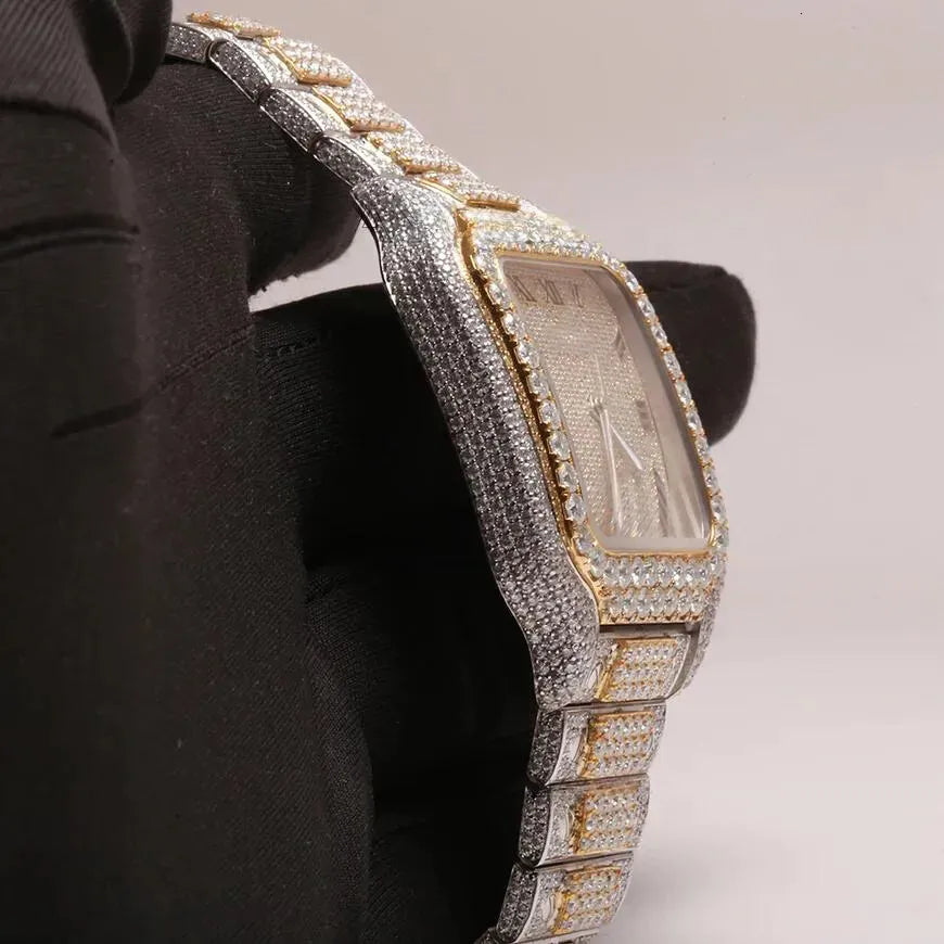 ๐ Cartier Santos Style Fully Iced Out Skeleton Watch โ Luxury Diamond Bling Menโs Timepiece