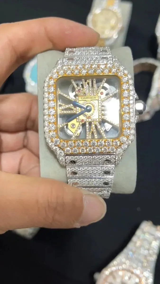 ๐ Cartier Santos Style Fully Iced Out Skeleton Watch โ Luxury Diamond Bling Menโs Timepiece