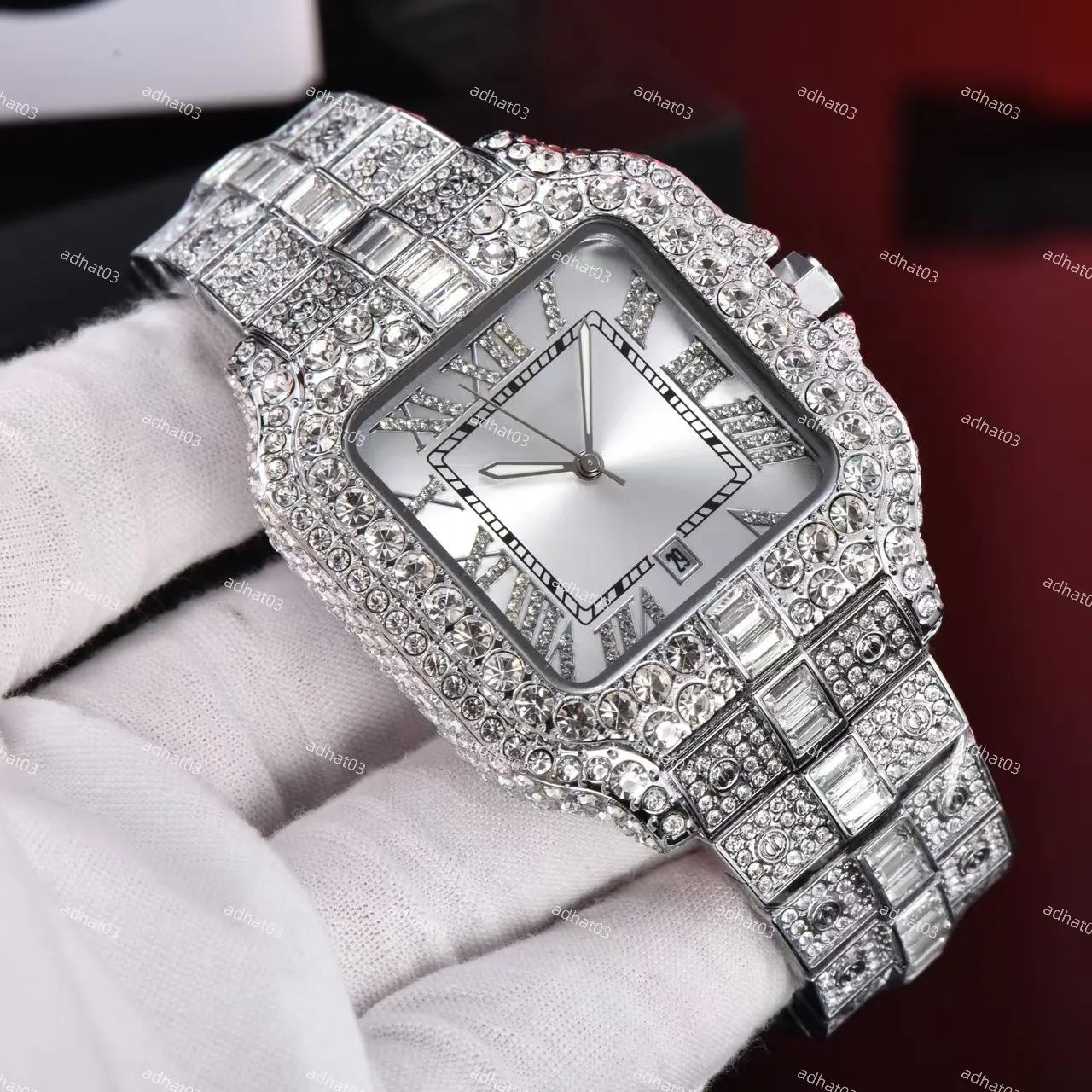 Two-Tone Iced-Out Roman Dial Watch – Colored Face with Full Moissanite Shine