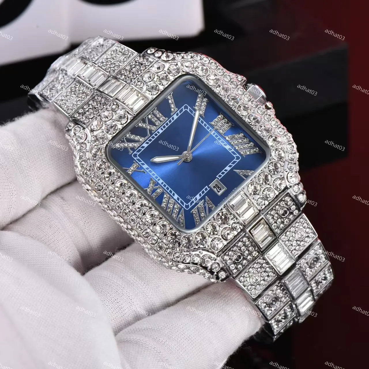 Two-Tone Iced-Out Roman Dial Watch – Colored Face with Full Moissanite Shine