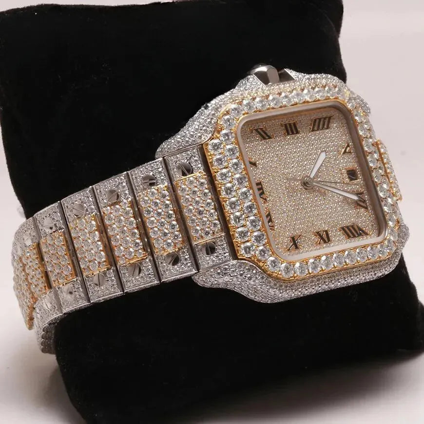 ๐ Cartier Santos Style Fully Iced Out Skeleton Watch โ Luxury Diamond Bling Menโs Timepiece