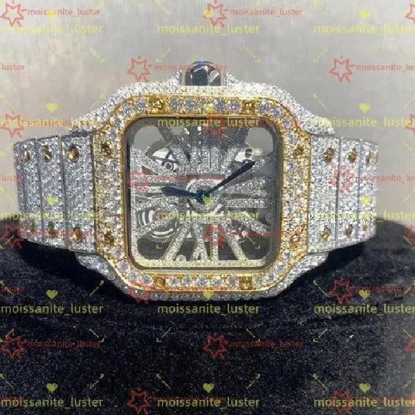 Two-Tone Iced-Out Roman Dial Watch – Colored Face with Full Moissanite Shine