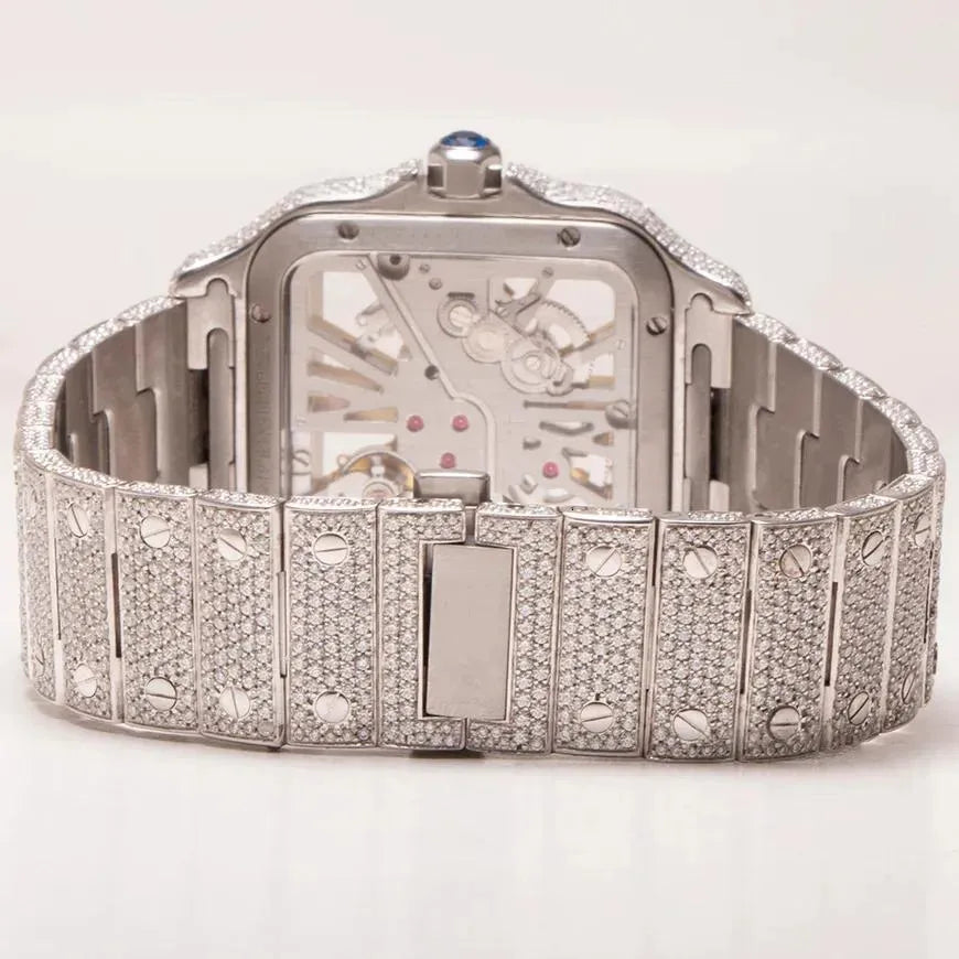 ๐ Cartier Santos Style Fully Iced Out Skeleton Watch โ Luxury Diamond Bling Menโs Timepiece