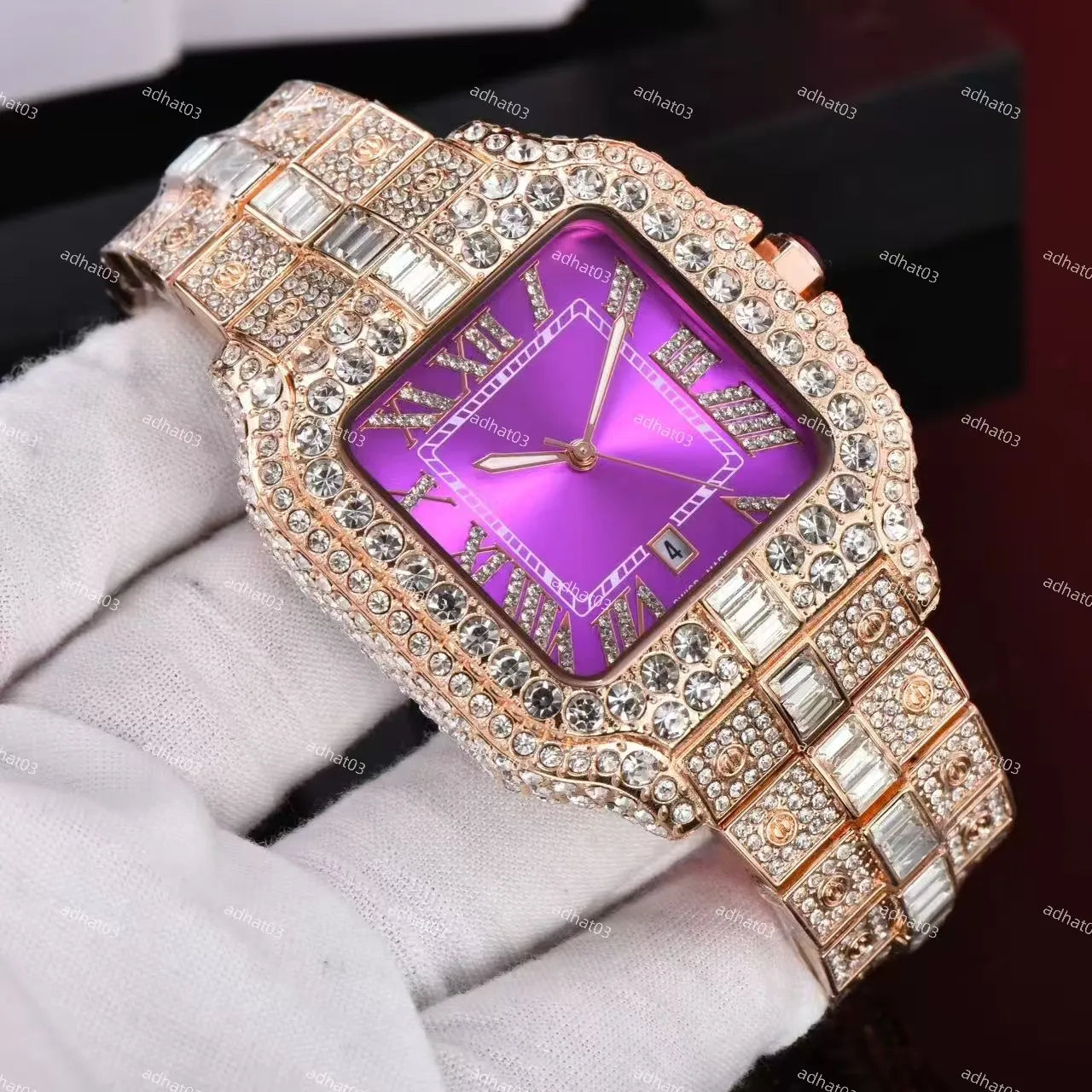 Two-Tone Iced-Out Roman Dial Watch – Colored Face with Full Moissanite Shine