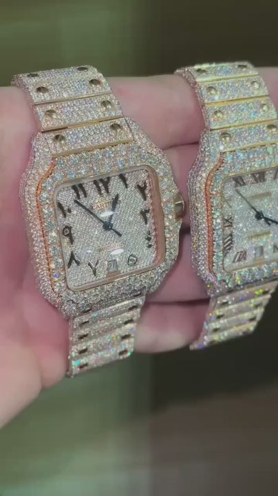 💎 Cartier Santos Style Fully Iced Out Skeleton Watch – Luxury Diamond Bling Men’s Timepiece